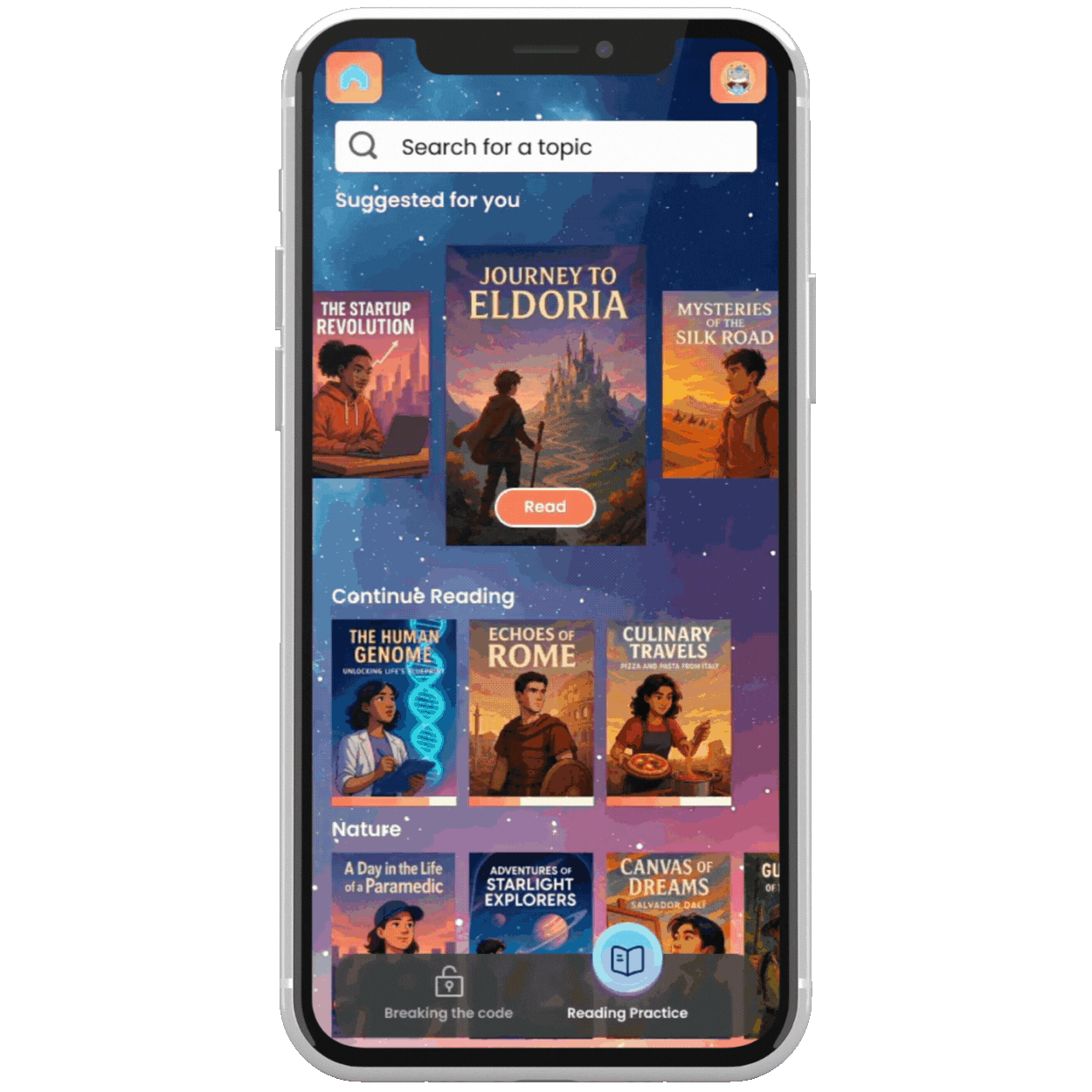 “Animated preview of a space-themed reading practice app for struggling students, featuring engaging daily exercises like Vocab Vault, Space Race, and Comp Quest to build vocabulary, fluency, and comprehension in a fun, structured way.”